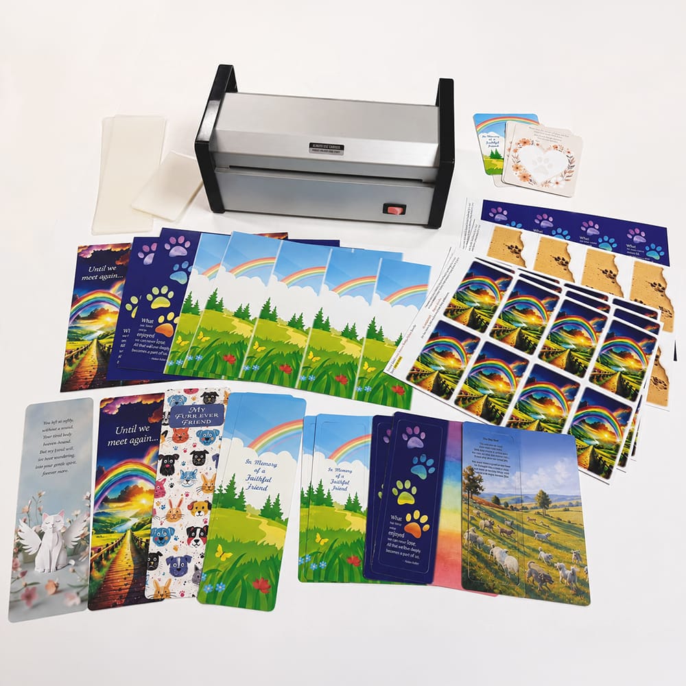 A pet memorial starter pack with laminator and pet cards