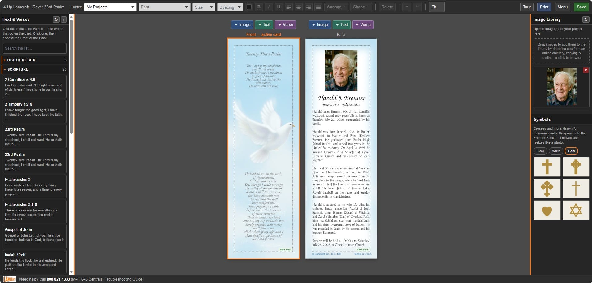 The Lamcraft Digital Memories Design Easel: the verse list on the left, a 4-Up Dove bookmark in the middle with the 23rd Psalm on the front and a photo, name, dates and obituary on the back, the image library and symbols on the right