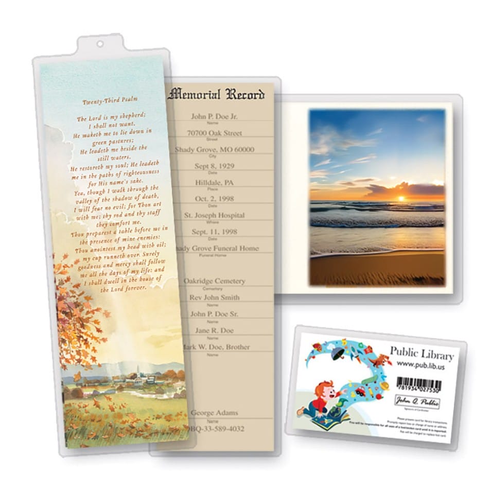 Clear lamination pouches in three sizes: a bookmark pouch, a memorial record pouch with a photo, and a wallet-card pouch